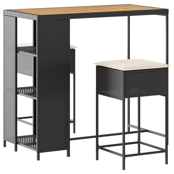 vidaXL 3-dielna z&aacute;hradn&aacute; barov&aacute; s&uacute;prava s vank&uacute;&scaron;mi čierna polyratan