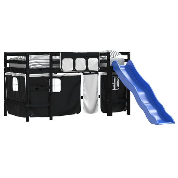 vidaXL Detská vyvýšená posteľ závesy bielo-čierna 80x200 cm borovica