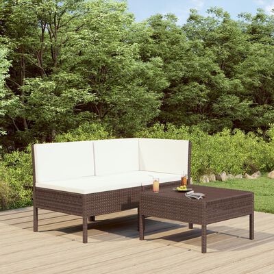 vidaXL 3-dielna záhradná sedacia súprava+podložky, polyratan, hnedá