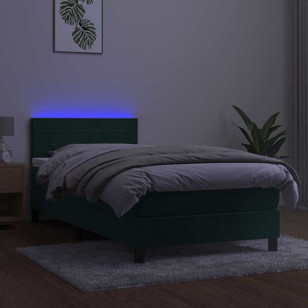 vidaXL Posteľn&yacute; r&aacute;m boxsping matrac a LED tmavozelen&yacute; 100x200 cm zamat