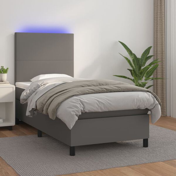 vidaXL Boxspring posteľ s matracom a LED siv&aacute; 90x190 cm umel&aacute; koža