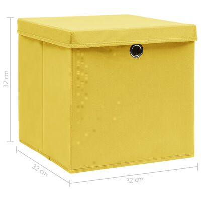 vidaXL Úložné boxy s vekom 4 ks, žlté 32x32x32 cm, látka