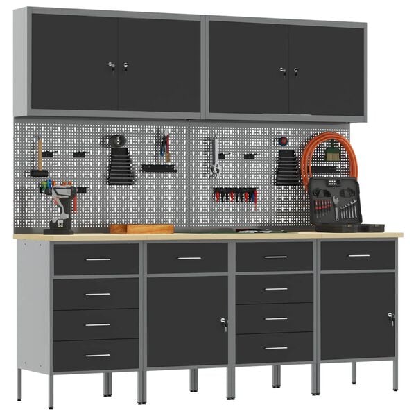 vidaXL Pracovn&aacute; skrinka 10 pcs Čierna Inžinierske drevo a oceľ