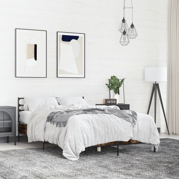 vidaXL Posteľn&yacute; r&aacute;m dymov&yacute; dub 135x190 cm kompozitn&eacute; drevo a kov