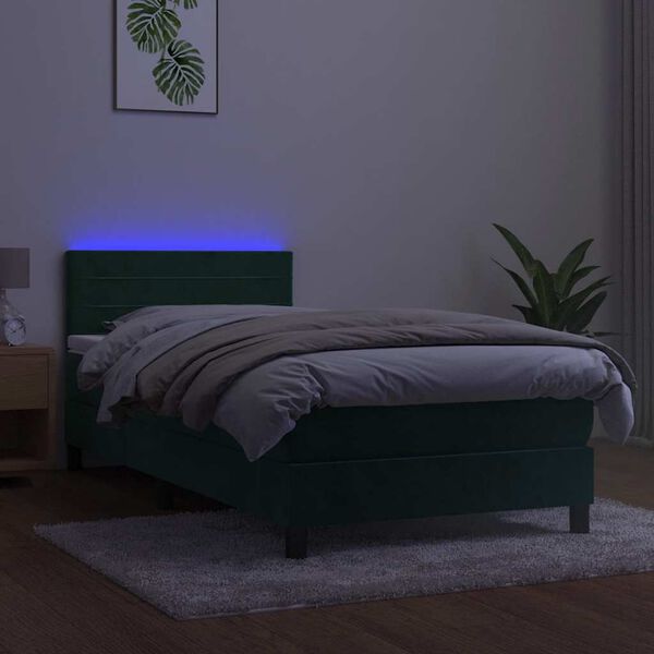vidaXL Posteľn&yacute; r&aacute;m boxsping matrac a LED tmavozelen&yacute; 90x190 cm zamat