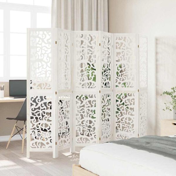 vidaXL Parav&aacute;n 6 panelov biely mas&iacute;vne drevo paulovnie