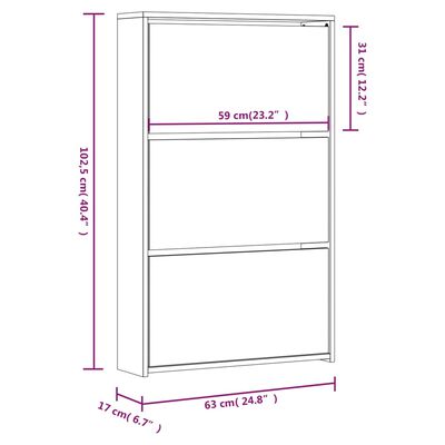 vidaXL Botník so zrkadlom 3-poschodový lesklý biely 63x17x102,5cm