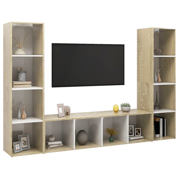 vidaXL TV skrinky 3 ks biele a dub sonoma 142,5x35x36,5 cm drevotrieska