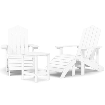 vidaXL Záhradné stoličky Adirondack s podnožkou a stolíkom HDPE biela