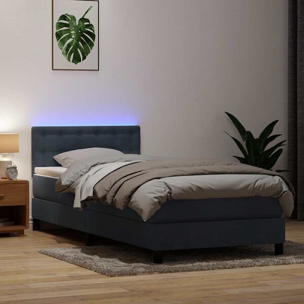 vidaXL Posteľn&yacute; r&aacute;m boxspring s matracom a LED tmavosiv&yacute; 90x210 cm zamat