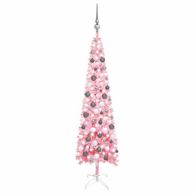 vidaXL Úzky osvetlený vianočný stromček s guľami, ružový 150 cm