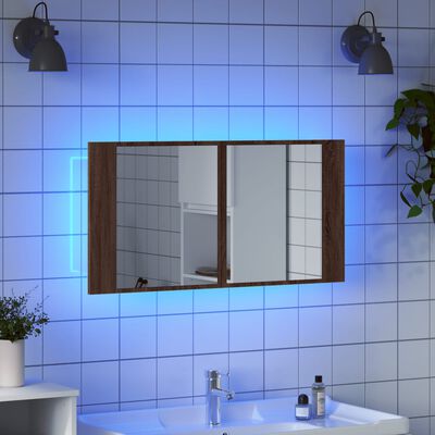 vidaXL LED kúpeľňová zrkadlová skrinka hnedý dub 90x12x45 cm akryl