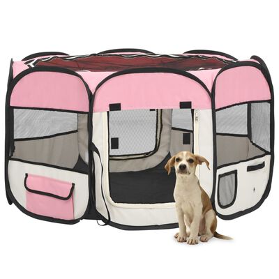 vidaXL Skladacia ohrádka pre psa s prenosnou taškou ružová 110x110x58 cm