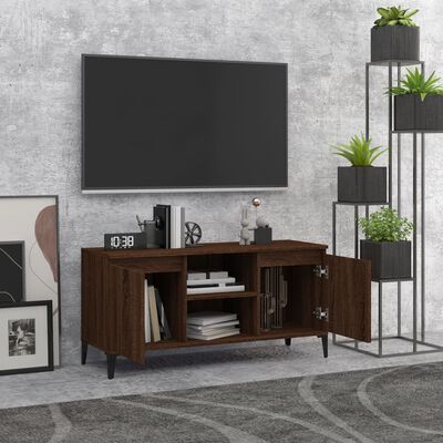 vidaXL TV stolík s kovovými nohami hnedý dub 103,5x35x50 cm