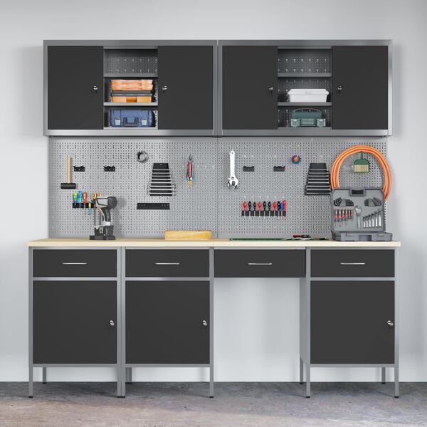 vidaXL Pracovn&aacute; skrinka 10 pcs Čierna Inžinierske drevo a oceľ