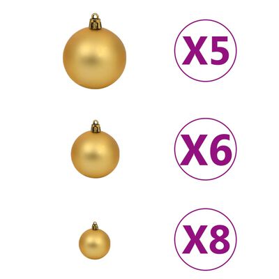 vidaXL Osvetlený umelý vianočný stromček s guľami, zlatý 150 cm, PET