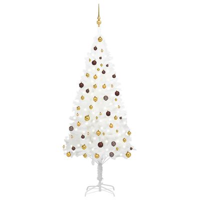 vidaXL Osvetlený umelý vianočný stromček s guľami, biely 210 cm