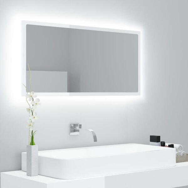 vidaXL LED kúpeľňové zrkadlo lesklé biele 90x8,5x37 cm akryl