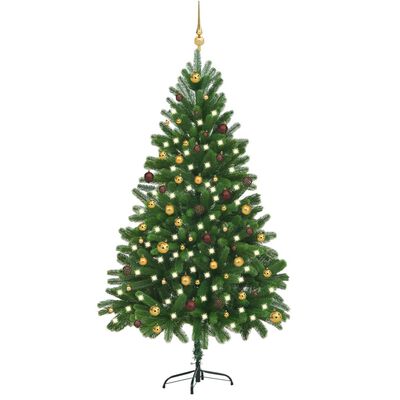 vidaXL Osvetlený umelý vianočný stromček s guľami 210 cm, zelený