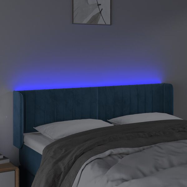 vidaXL Čelo postele s LED tmavomodr&eacute; 147x16x78/88 cm zamat
