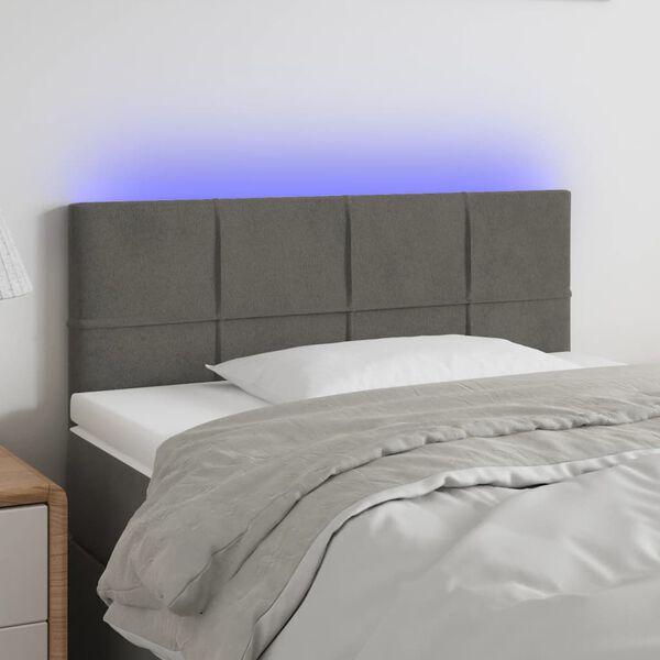 vidaXL Čelo postele s LED tmavosiv&eacute; 90x5x78/88 cm zamat