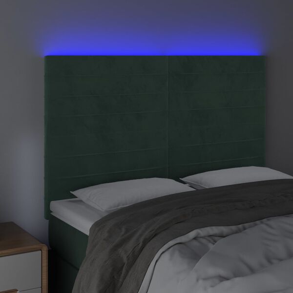 vidaXL Čelo postele s LED tmavozelen&eacute; 144x5x118/128 cm zamat