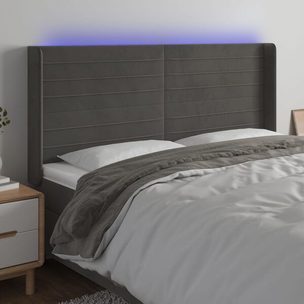 vidaXL Čelo postele s LED tmavosiv&eacute; 183x16x118/128 cm zamat