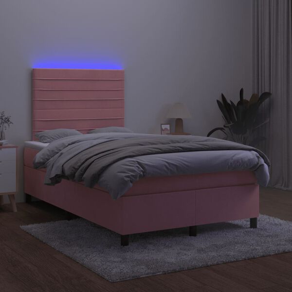 vidaXL Boxspring posteľ s matracom a LED, ružov&aacute; 120x190 cm, zamat
