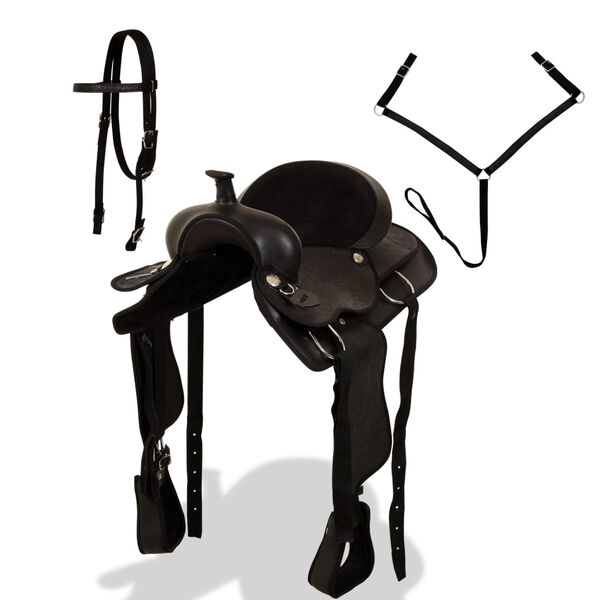 vidaXL Westernov&eacute; sedlo, ohl&aacute;vka a poprs&aacute;k, prav&aacute; koža, 16", čierne