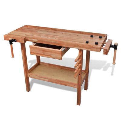 vidaXL Stolársky stôl so zásuvkou a 2 zverákmi, tvrdé drevo