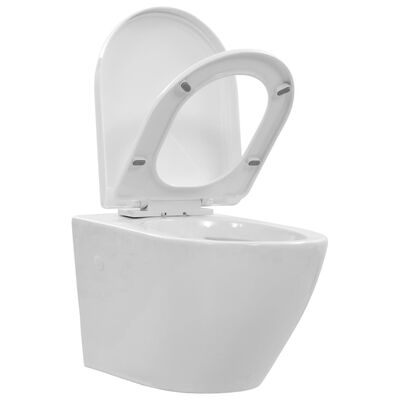 vidaXL Závesné bezokrajové WC biele keramické