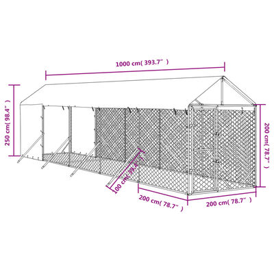 vidaXL Vonkajší koterec pre psov so strechou striebor. 2x10x2,5m oceľ