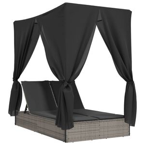 vidaXL Dvojité ležadlo so strieškou a závesmi sivé polyratan