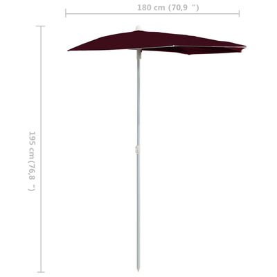 vidaXL Polkruhový záhradný slnečník s tyčou 180x90 cm, bordový