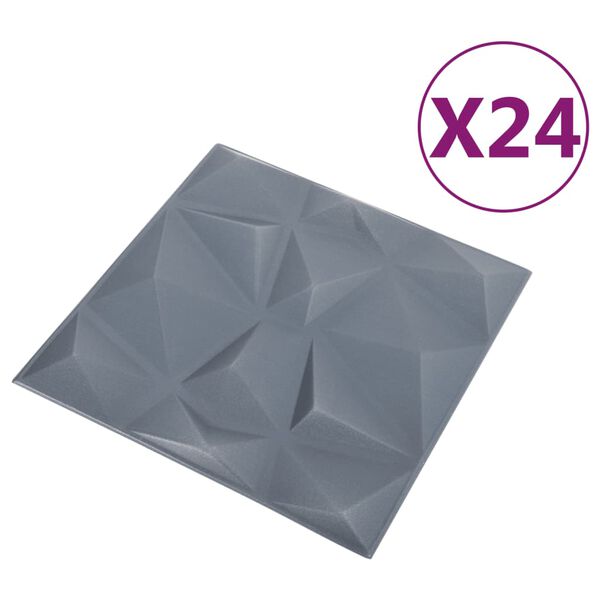 vidaXL 3D nástenné panely 24 ks 50x50 cm, diamantové, sivé 6 m²
