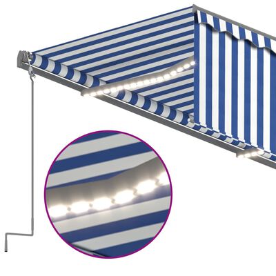 vidaXL Ručne zaťahovacia markíza s tienidlom a LED 5x3 m modro-biela
