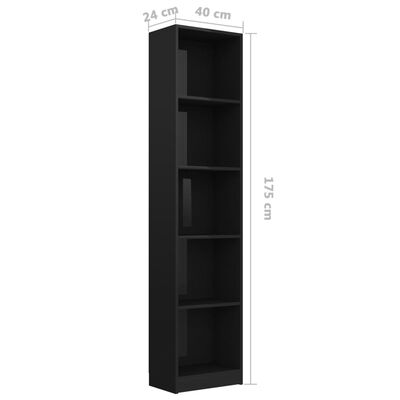 vidaXL Knižnica, 5 políc, lesklá čierna 40x24x175 cm, kompozitné drevo