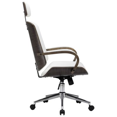 Otočná kancelárska stolička s opierkou hlavy biela umelá koža a ohýbané drevo