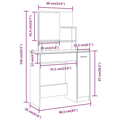 vidaXL Toaletný stolík so zrkadlom lesklý biely 86,5x35x136 cm