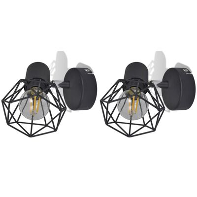 2 čierne nástenné lampy s LED žiarovkou, industriálny štýl, drôtené