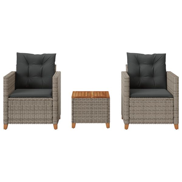 vidaXL 3-diel. bistro súprava s vankúšmi sivá polyratan akáciové drevo