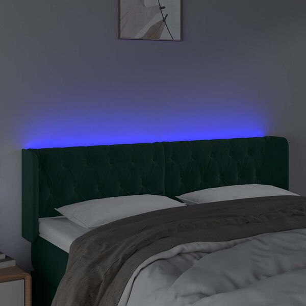 vidaXL Čelo postele s LED tmavozelen&eacute; 147x16x78/88 cm zamat