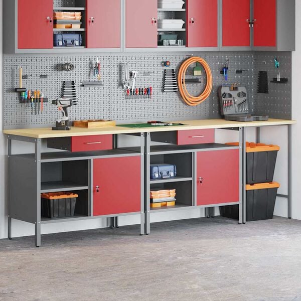 vidaXL Sada pracovn&eacute;ho stola so z&aacute;suvkou s poličkou Čierna Oceľ