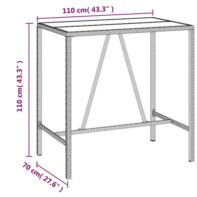 vidaXL Barový stôl so sklenenou doskou sivý 110x70x110 cm polyratan