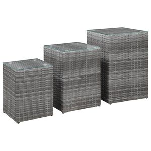 vidaXL Bočn&eacute; stol&iacute;ky so sklenenou doskou 3 ks siv&eacute; polyratanov&eacute;