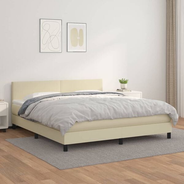 vidaXL Boxspring posteľ s matracom kr&eacute;mov&aacute; 180x200 cm umel&aacute; koža