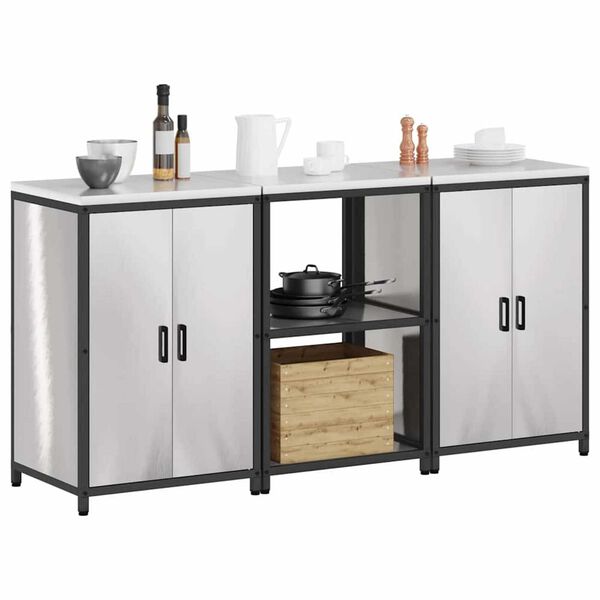 vidaXL Kuchynský úložný set s poličkou s dverami 3 pcs Strieborná Oceľ