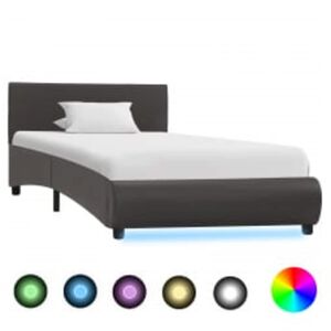 vidaXL Posteľn&yacute; r&aacute;m s LED, siv&yacute;, umel&aacute; koža 90x200 cm