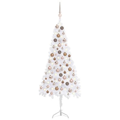 vidaXL Rohový umelý vianočný stromček s LED s guľami biely 120 cm PVC