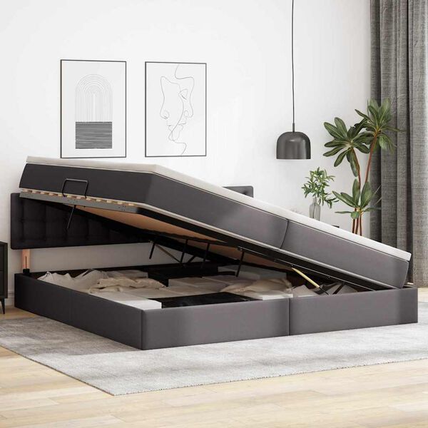 vidaXL Postel s &uacute;ložn&yacute;m prostorem a LED svetlom Svetlosiv&aacute; Umel&aacute; koža